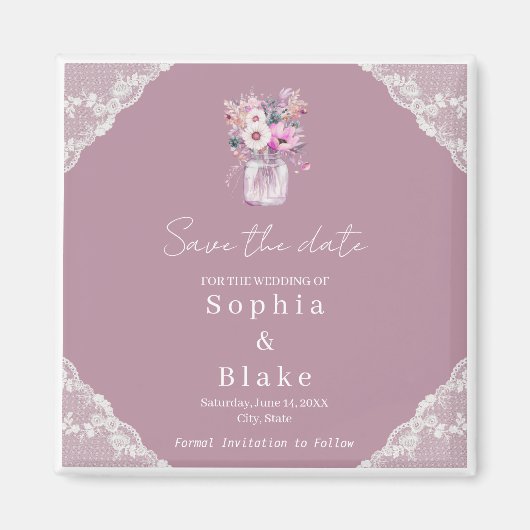 Country Lace Mason Jar Pink Save the Date Magneet (Voorkant)