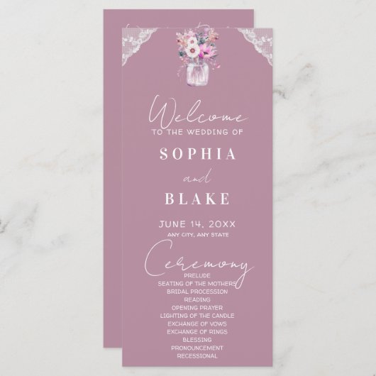 Country Lace Mason Jar Roze Trouwprogramma (Voorkant / Achterkant)