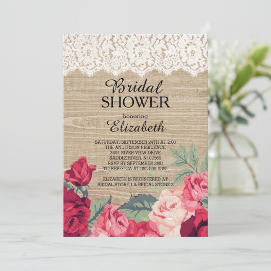 Country Lace Rozen Wood Bruids Douche Uitnodiging (Staand voorkant)