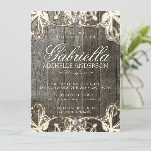 Country Lace Rustic Afstuderen Foto uitnodigen Kaart (Staand voorkant)