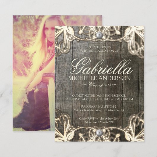 Country Lace Rustic Afstuderen Foto uitnodigen Kaart (Voorkant / Achterkant)