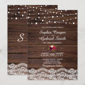 Country Lace String Lights Wood Huwelijksuitnodigi Kaart (Voorkant / Achterkant)