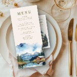 Country Lake Mountain Forest bruiloft Menu<br><div class="desc">Trouwmenu met waterverf ontwerp met een charmante rustieke trouwschuur gelegen aan de oevers van een rustig meer, omlijst door majestueuze bergen en torenhoge pijnbomen. Het waterverf landschap toont de serene schoonheid van een zonovergoten dag, met de warme houten tinten van de schuur perfect weerspiegeld in de stille wateren. Ideaal voor...</div>