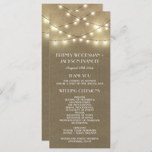 Country Lights + Rustieke Burlap Wedding Programma Programmakaart (Voorkant / Achterkant)