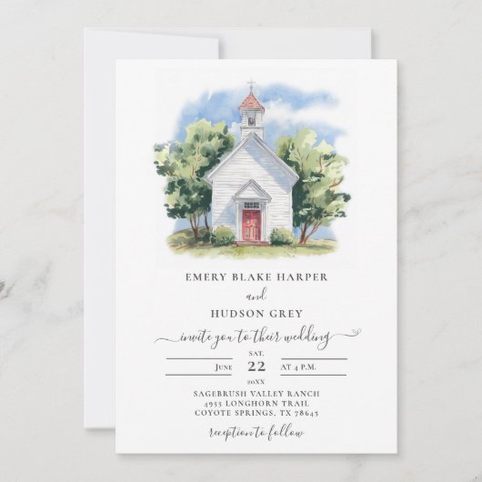 Country Lil White Chapel Waterverf rustieke bruilo Kaart (Voorkant)