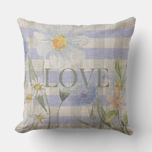 Country Love Floral Blue Gingham en Daisies Kussen (Voorkant)