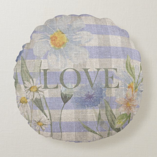 Country Love Floral Blue Gingham en Daisies Rond Kussen (Voorkant)