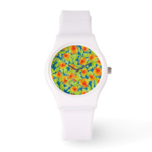 Country Marigolds op Blauw Sportief Wit Polshorlog Horloge