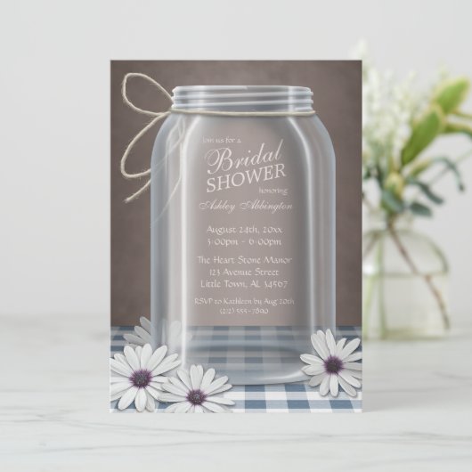 Country Mason Jar Blue Gingham Vrijgezellenfeest Kaart (Staand voorkant)