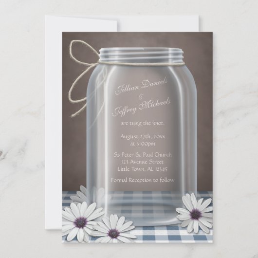 Country Mason Jar Daisy Blauw Bruin Bruiloft Kaart (Voorkant)