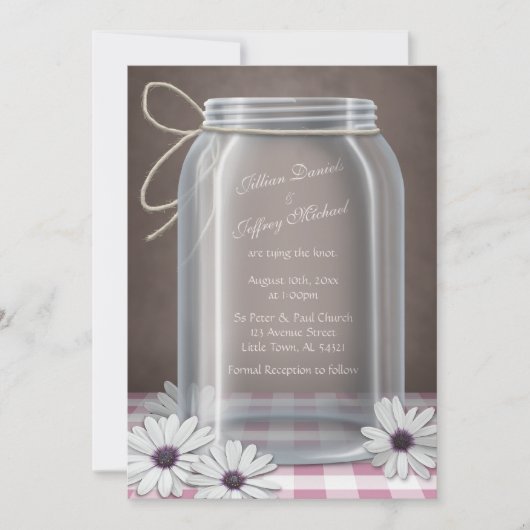 Country Mason Jar Daisy Roze Gingham Bruiloft Kaart (Voorkant)