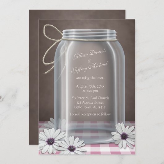 Country Mason Jar Daisy Roze Gingham Bruiloft Kaart (Voorkant / Achterkant)