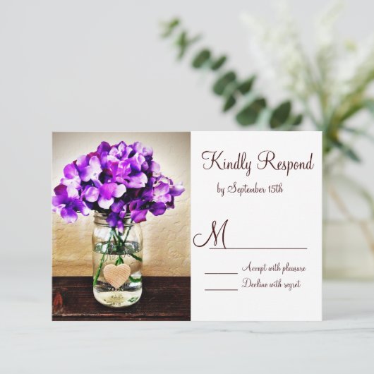 country Mason Jar Hydrangea Wedding RSVP-kaarten RSVP Kaartje (Staand voorkant)