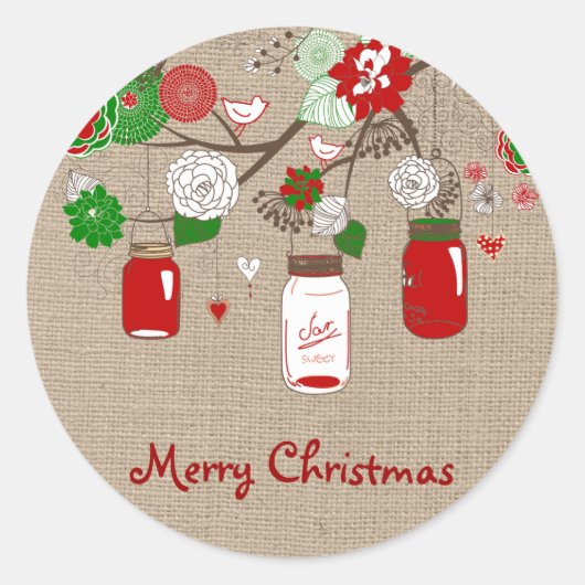 Country Mason Jar Kerst sticker op faux Burlap (Voorkant)