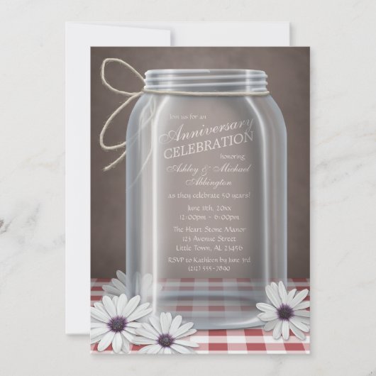 Country Mason Jar Red Gingham Jubileum Kaart (Voorkant)
