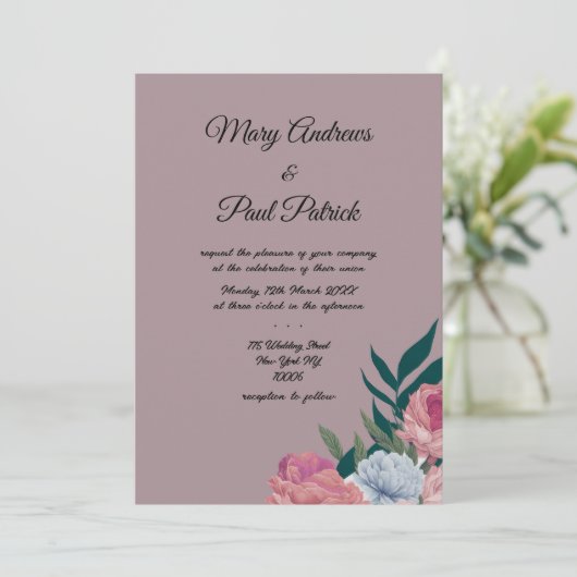 Country mauve roze botanische bloemen bruiloft kaart (Staand voorkant)