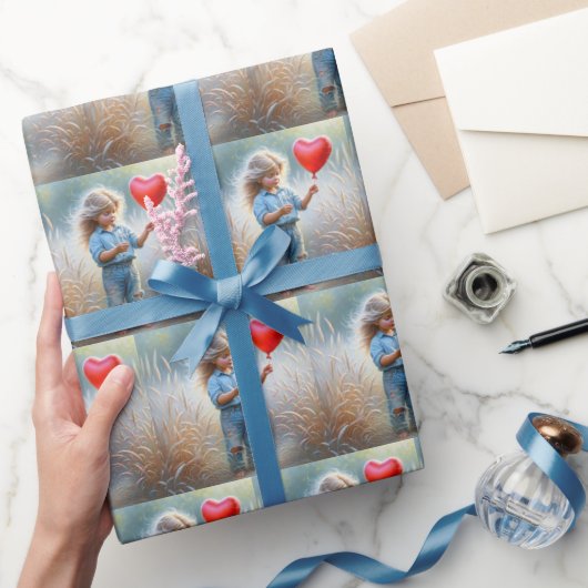 Country Meisje met Rode Hart Ballon Cadeaupapier (Geschenken)