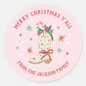 Country Merry Christmas Y'all Cowboy Boot Gift Ronde Sticker (Voorkant)