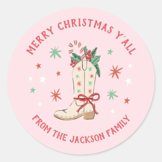 Country Merry Christmas Y'all Cowboy Boot Gift Ronde Sticker (Voorkant)
