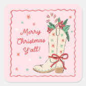 Country Merry Christmas Y'all Cowboy Boot Vierkante Sticker (Voorkant)
