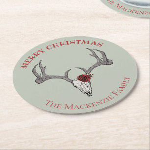 Country Merry Xmas Deer Rendier Skull Antlers Ronde Kartonnen Onderzetter