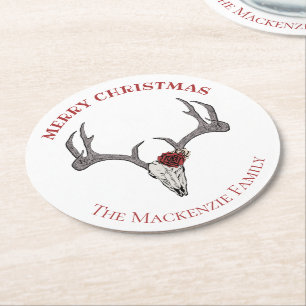 Country Merry Xmas Deer Rendier Skull Antlers Ronde Kartonnen Onderzetter