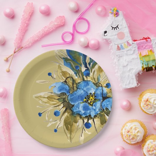 Country Modern Blauwe Bloemen Papieren Bordje (Feest)