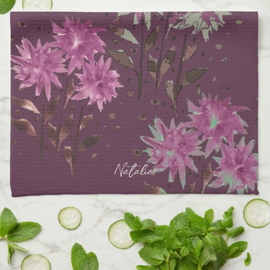 Country Modern Paarse Bloemen Monogrammed Theedoek (Gevouwen)