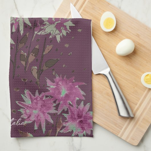 Country Modern Paarse Bloemen Monogrammed Theedoek (Quarter Fold)