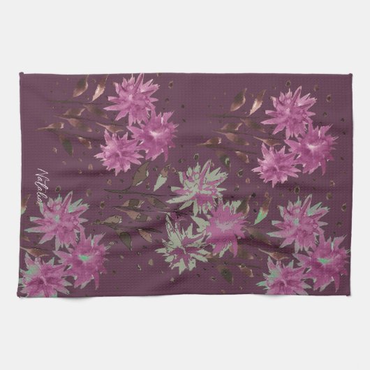 Country Modern Paarse Bloemen Monogrammed Theedoek (Horizontaal)