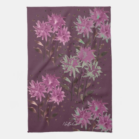 Country Modern Paarse Bloemen Monogrammed Theedoek (Verticaal)