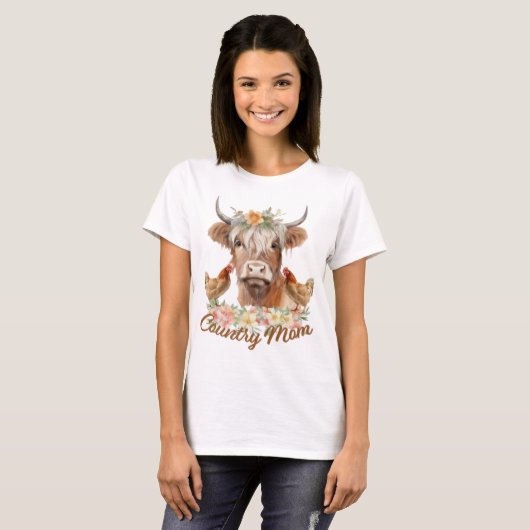 Country Mom- Highland Koe Bloemen Kippen T-shirt (Voorkant volledig)