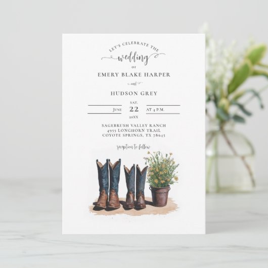 Country Mr. Mrs. Cowboy Boots Wildflowers Wedding Kaart (Staand voorkant)