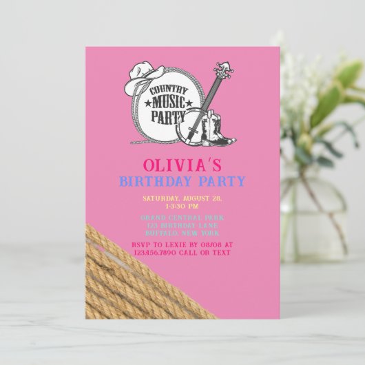 Country Music Girl Birthday Party Uitnodiging (Staand voorkant)