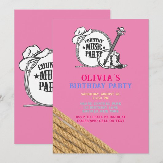 Country Music Girl Birthday Party Uitnodiging (Voorkant / Achterkant)
