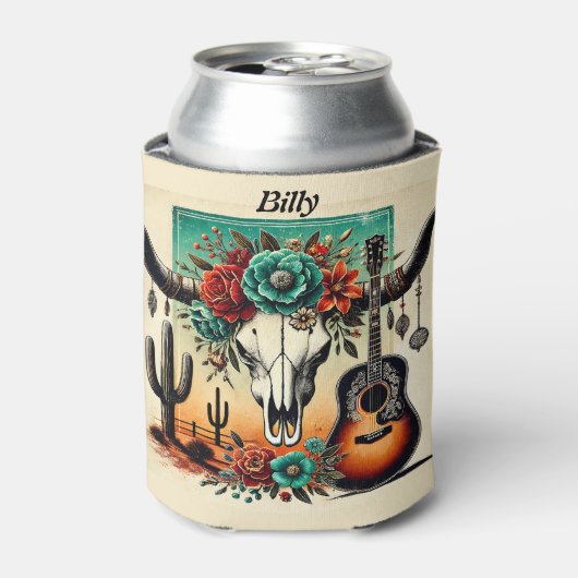 Country Music gitaar koe schedel woestijn cactus Blikjeskoeler (Blikje Voorkant)