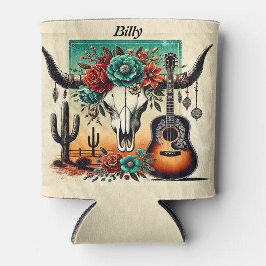 Country Music gitaar koe schedel woestijn cactus Blikjeskoeler (Voorkant)