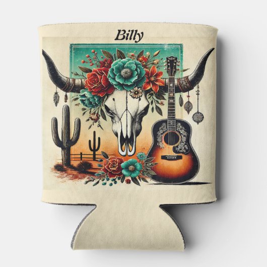 Country Music gitaar koe schedel woestijn cactus Blikjeskoeler (Achterkant)