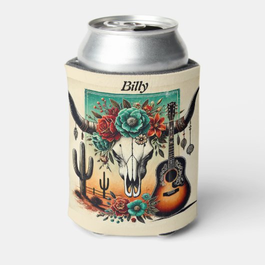 Country Music gitaar koe schedel woestijn cactus Blikjeskoeler (Blikje Achterkant)