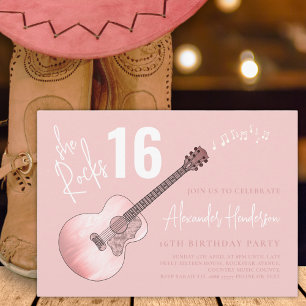 Country Music Guitar 16th Birthday Party Roze Kaart