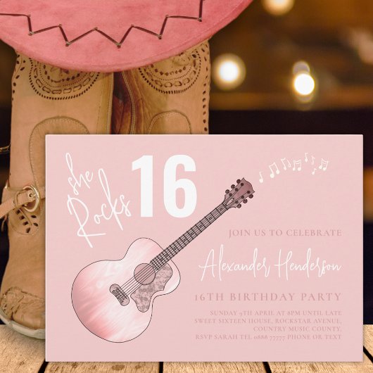 Country Music Guitar 16th Birthday Party Roze Kaart