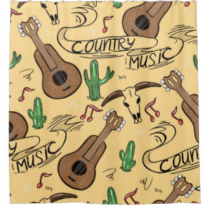 Country music seamless pattern with guitars, cacti douchegordijn