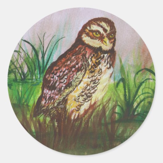 Country Owl in nature watercolor art Ronde Sticker (Voorkant)