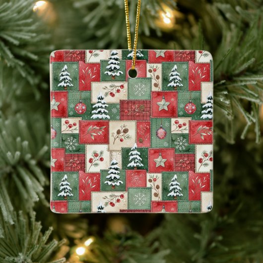 Country patchwork christmas pattern keramisch ornament (Boom)