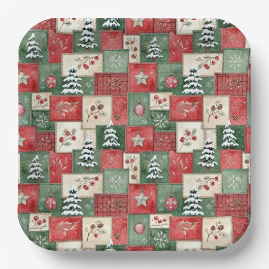 Country patchwork christmas pattern papieren bordje (Voorkant)