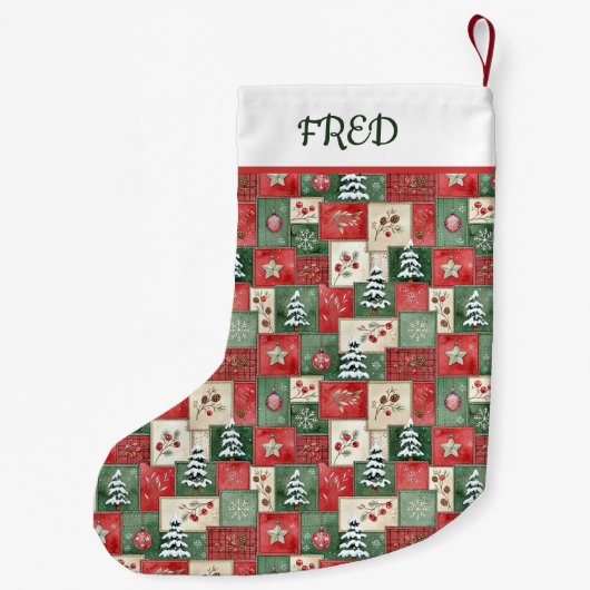 Country patchwork christmas pattern personalized kleine kerstsok (Achterkant)