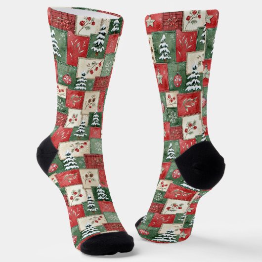Country patchwork christmas pattern sokken (Gebogen)