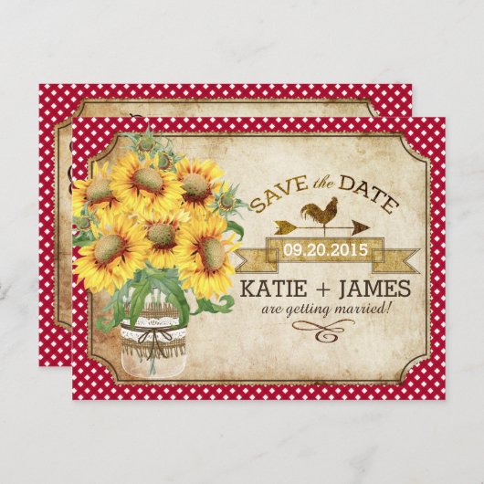 Country Picnic Zonnebloem Gingham Bewaar de datum Aankondigingskaart (Voorkant / Achterkant)
