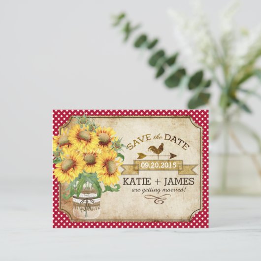Country Picnic Zonnebloem Gingham Bewaar de datum Aankondigingskaart (Staand voorkant)