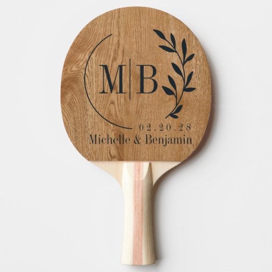 Country Pine Wood Leaf Wedding Monogram Tafeltennisbatje (Voorkant)